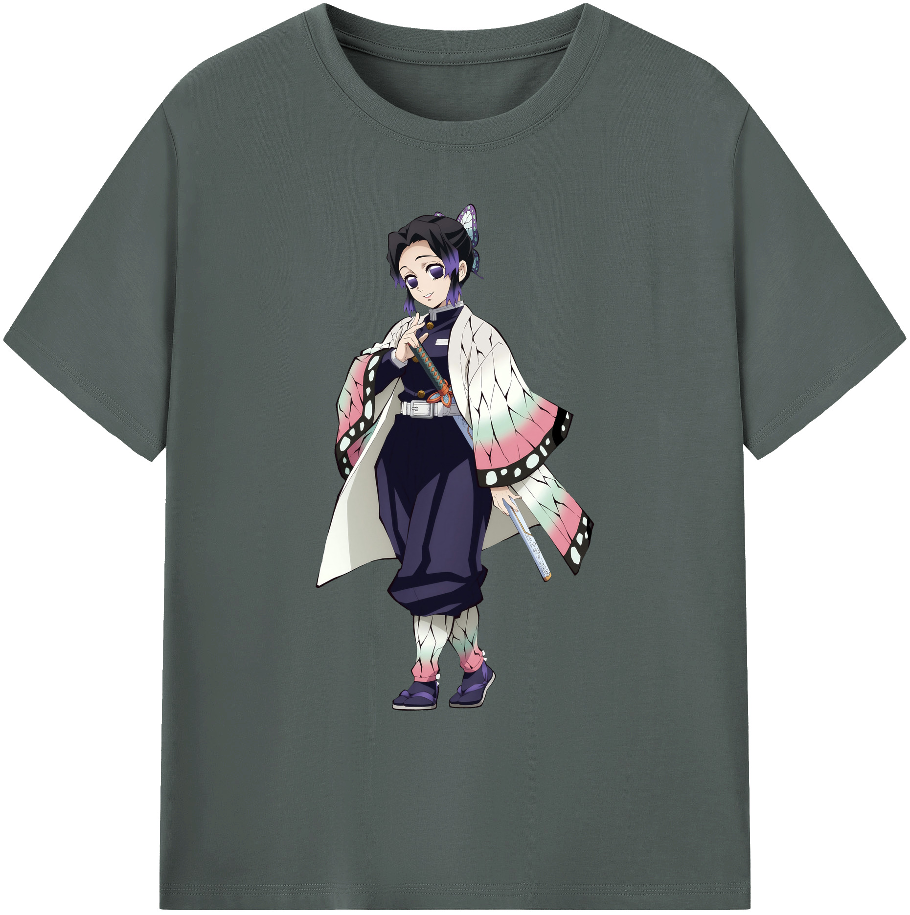 （画像用） 鬼滅の刃（きめつのやいば）蟲柱-胡蝶 しのぶ／こちょう しのぶ Kochou Shinobu 綿100％ メンズ半袖Tシャツ｜肌触りやわらか＆通気性